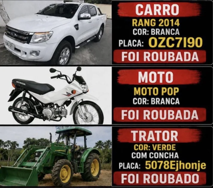 Três veículos são roubados em propriedade rural na região de Monte Pascoal; moradores são alertados